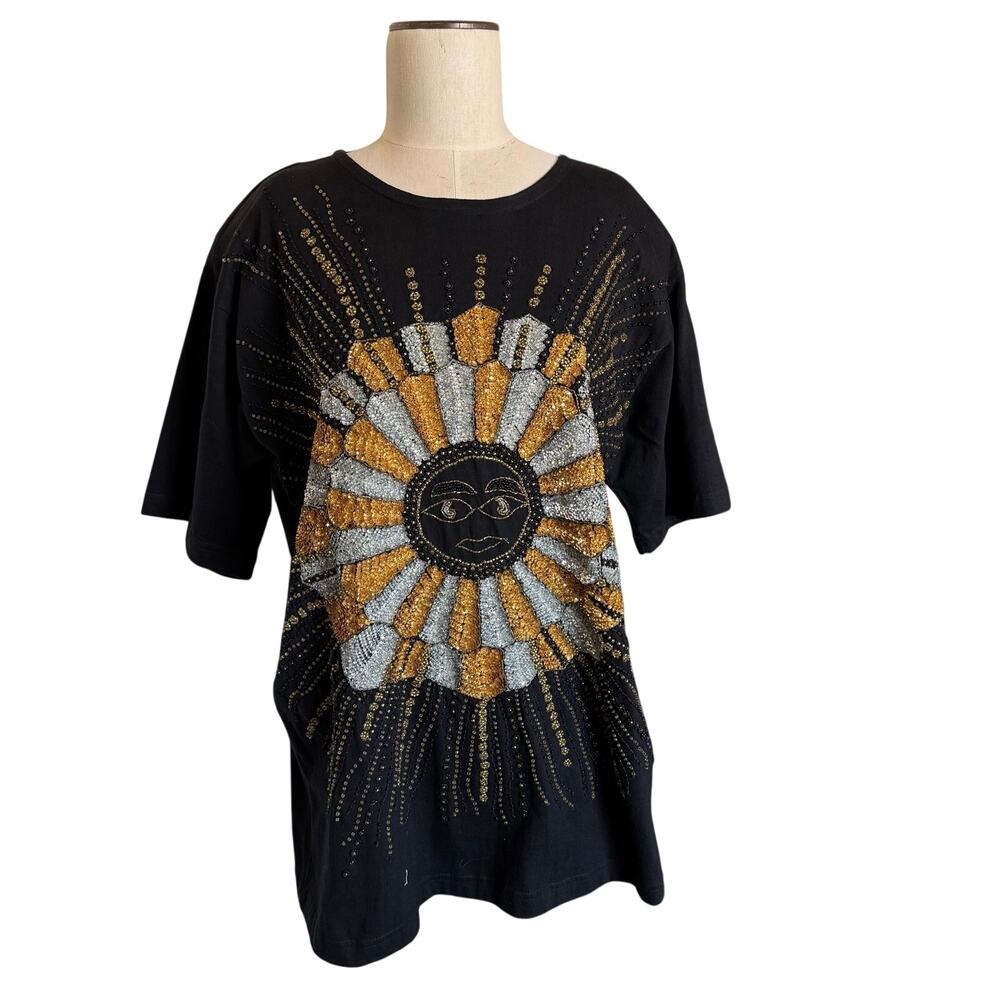 Vintage 80's Modi T-Shirt Womens L Full Sequin Beaded Sun Embellished Top